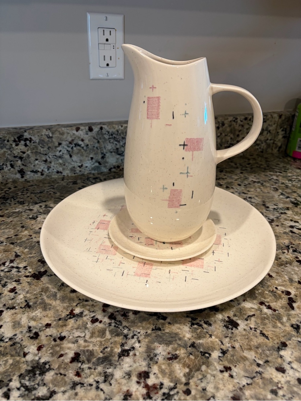 Vintage Metlox Vernon Ware "Tickled Pink" Pitcher Set - 3 Pc Atomic MCM Platter
